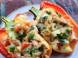 Crab Stuffed Peppers on a White Plate with Gold Trim