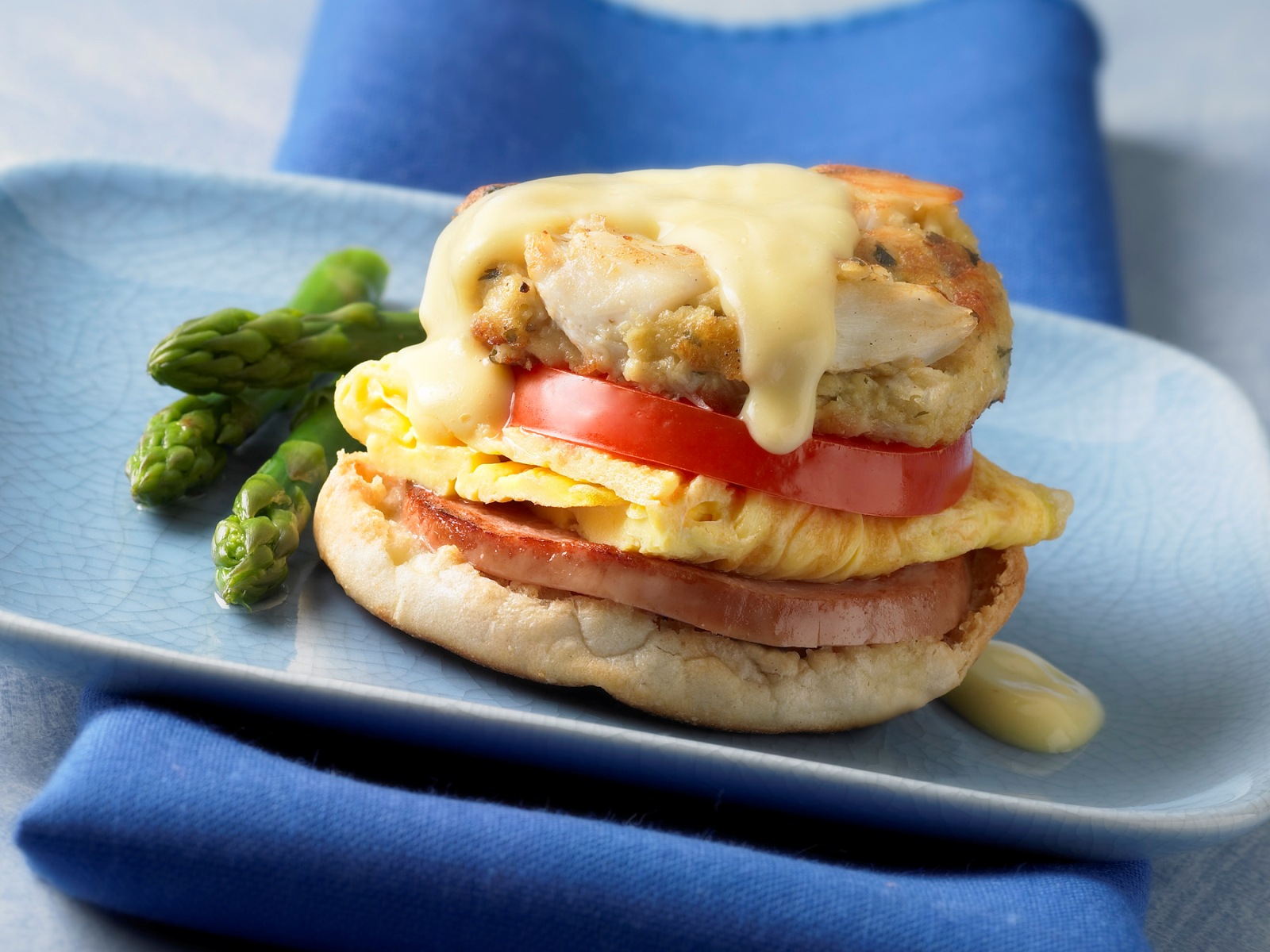 Crab Cake Benedict Recipe using frozen crab and prepared Hollandaise